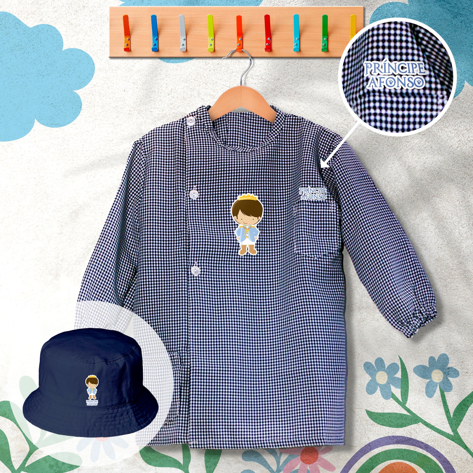 conjunto de bata escolar e panamá personalizado com nome tema príncipe