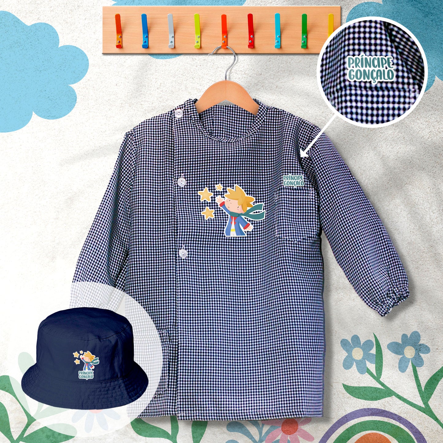 conjunto de bata escolar e panamá personalizado com nome tema príncipe