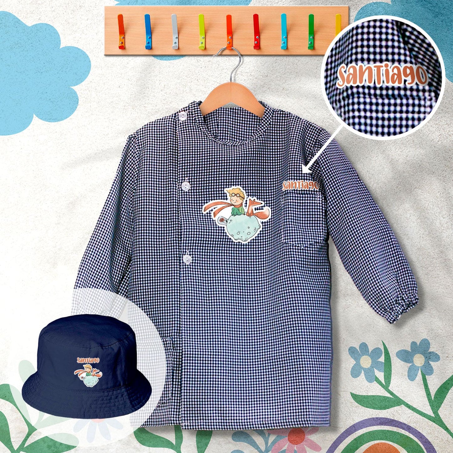 conjunto de bata escolar e panamá personalizado com nome tema principezinho