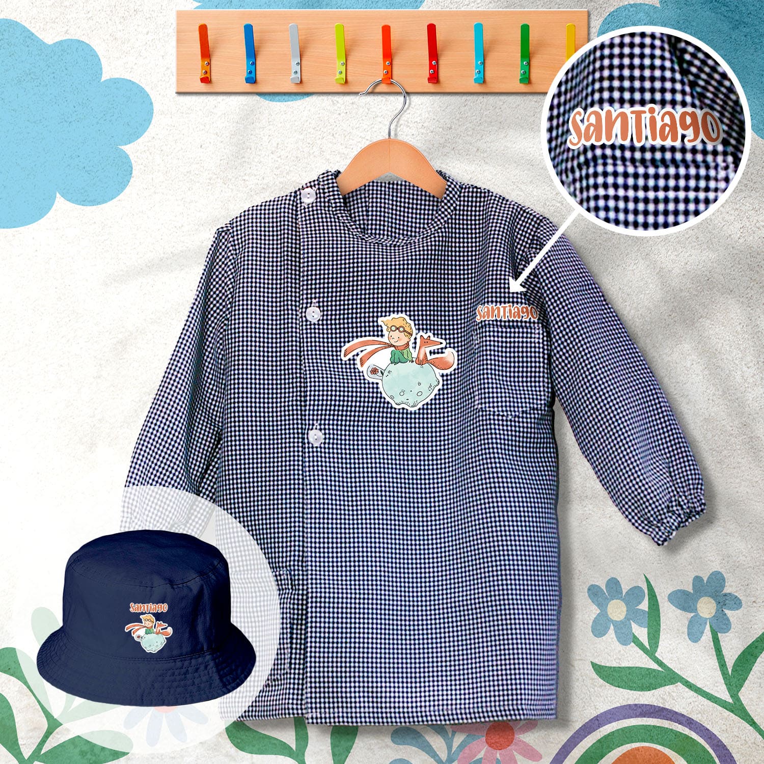 conjunto de bata escolar e panamá personalizado com nome tema principezinho