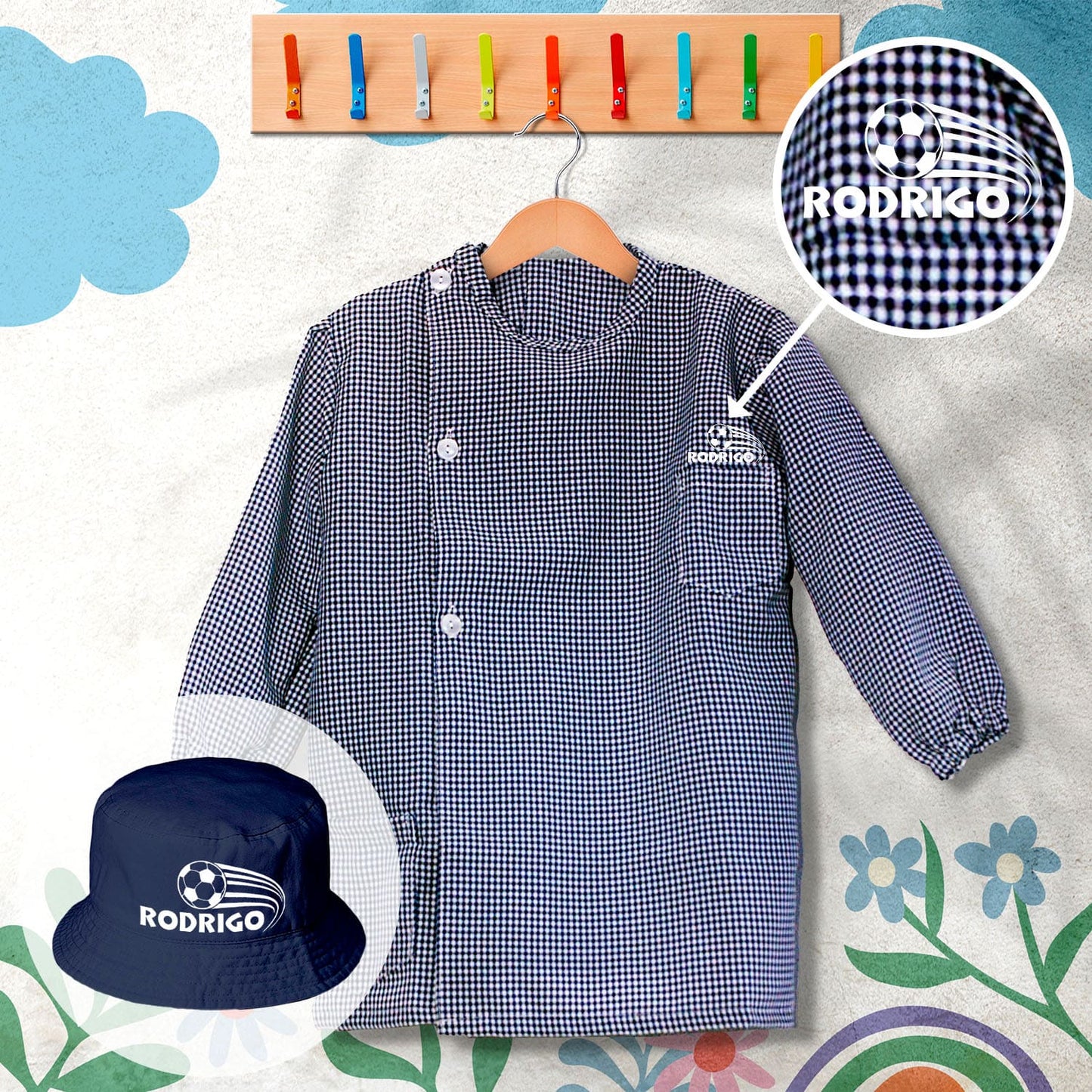 conjunto de bata escolar e panamá personalizado com nome tema futebol