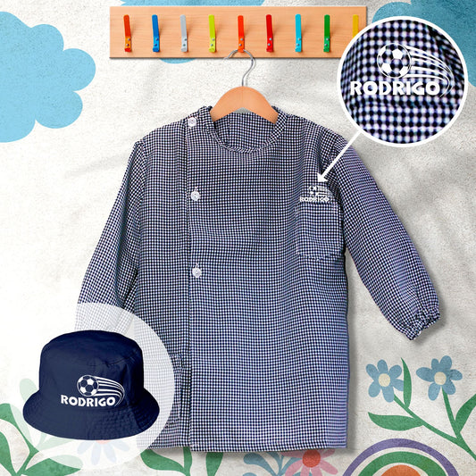conjunto de bata escolar e panamá personalizado com nome tema futebol