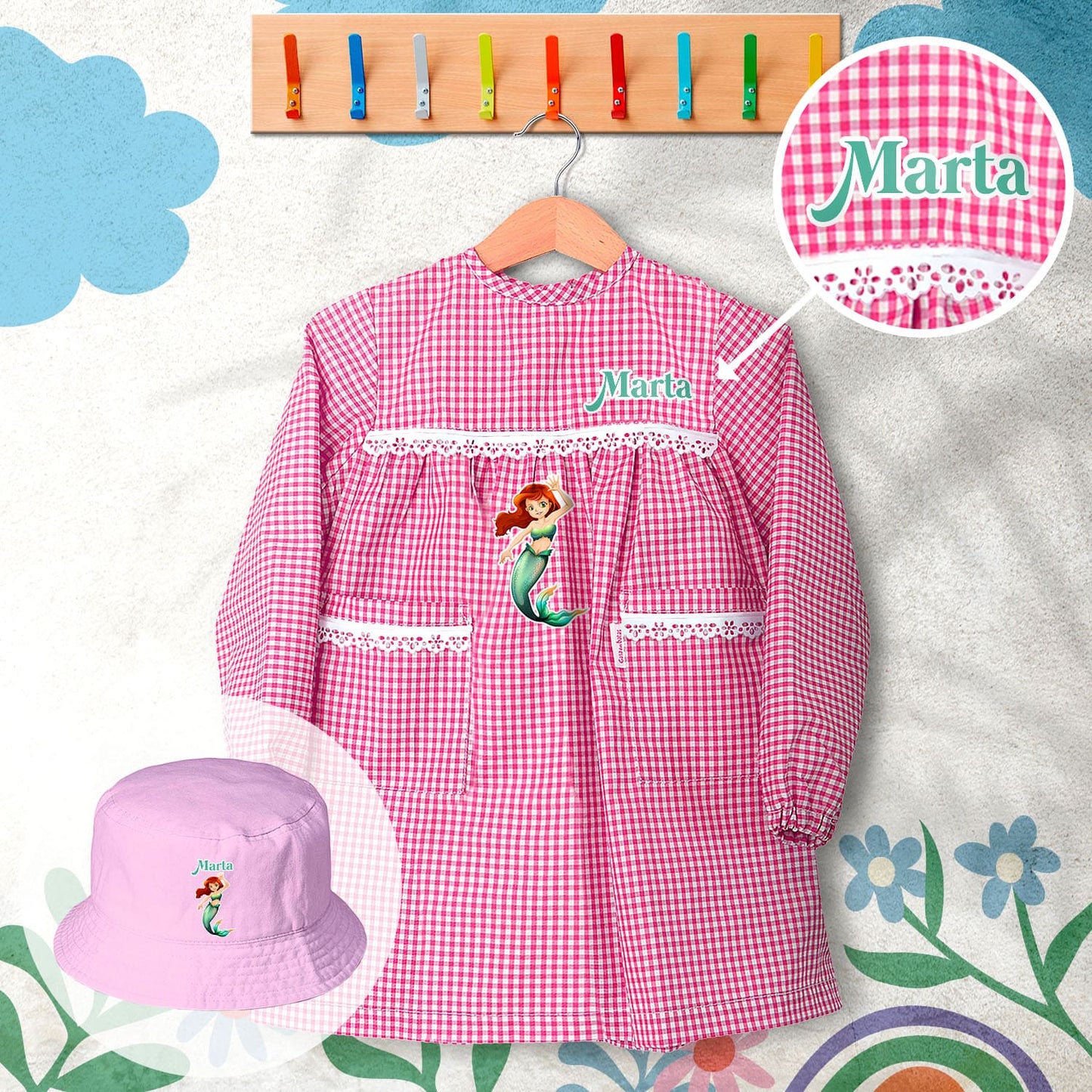 conjunto bata escolar e panamá personalizado com nome tema sereia