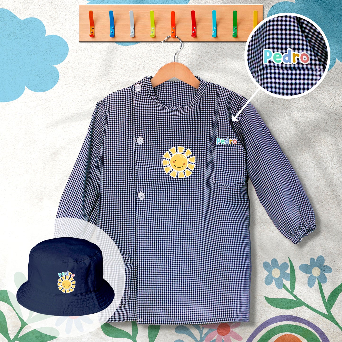 conjunto de bata escolar e panamá personalizado com nome tema sol