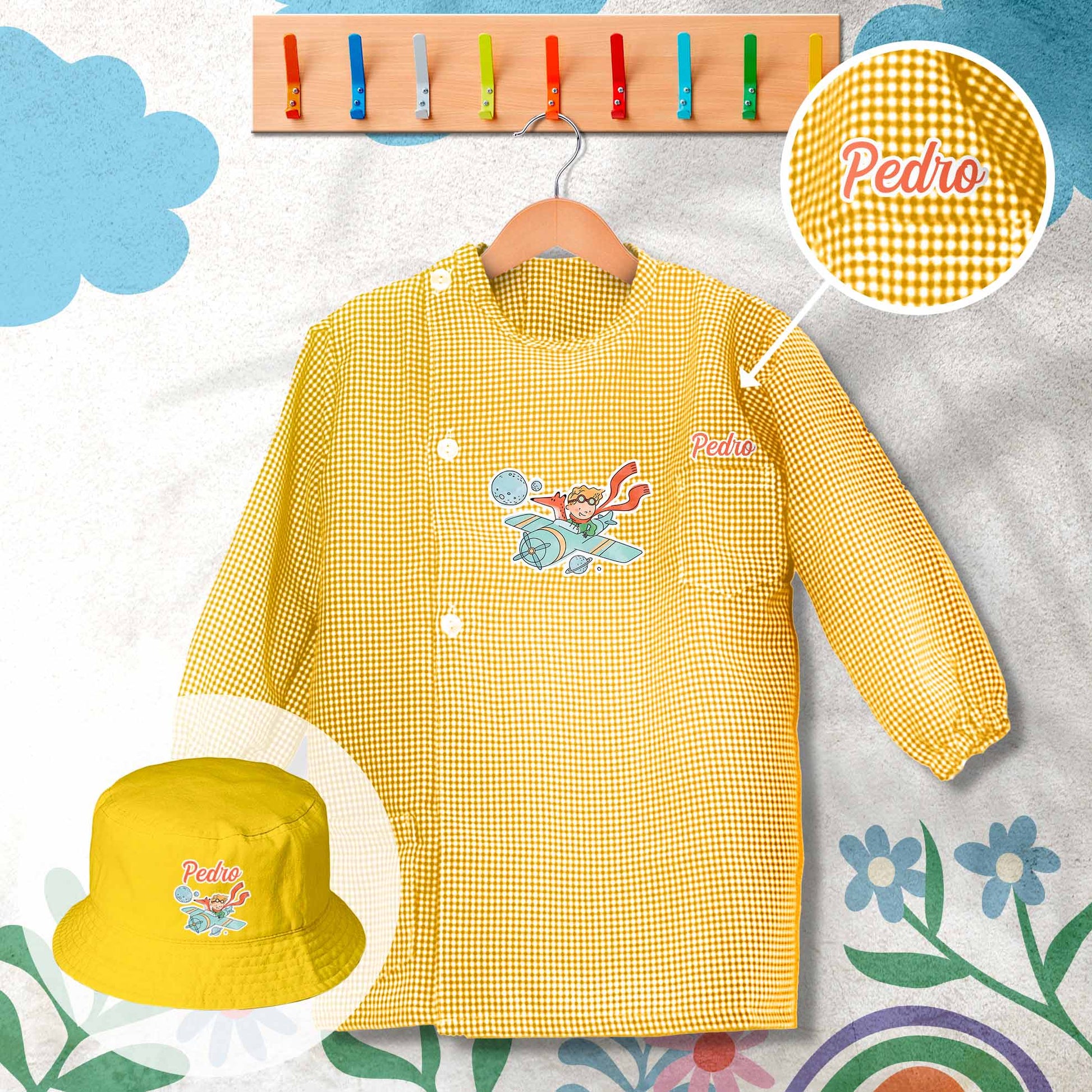 conjunto de bata escolar e panamá personalizado com nome tema principezinho