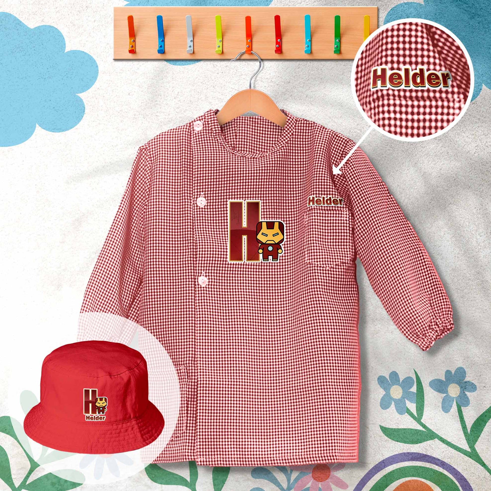 conjunto de bata escolar e panamá personalizado com nome tema super-heróis