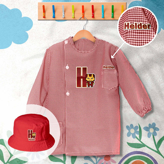 conjunto de bata escolar e panamá personalizado com nome tema super-heróis