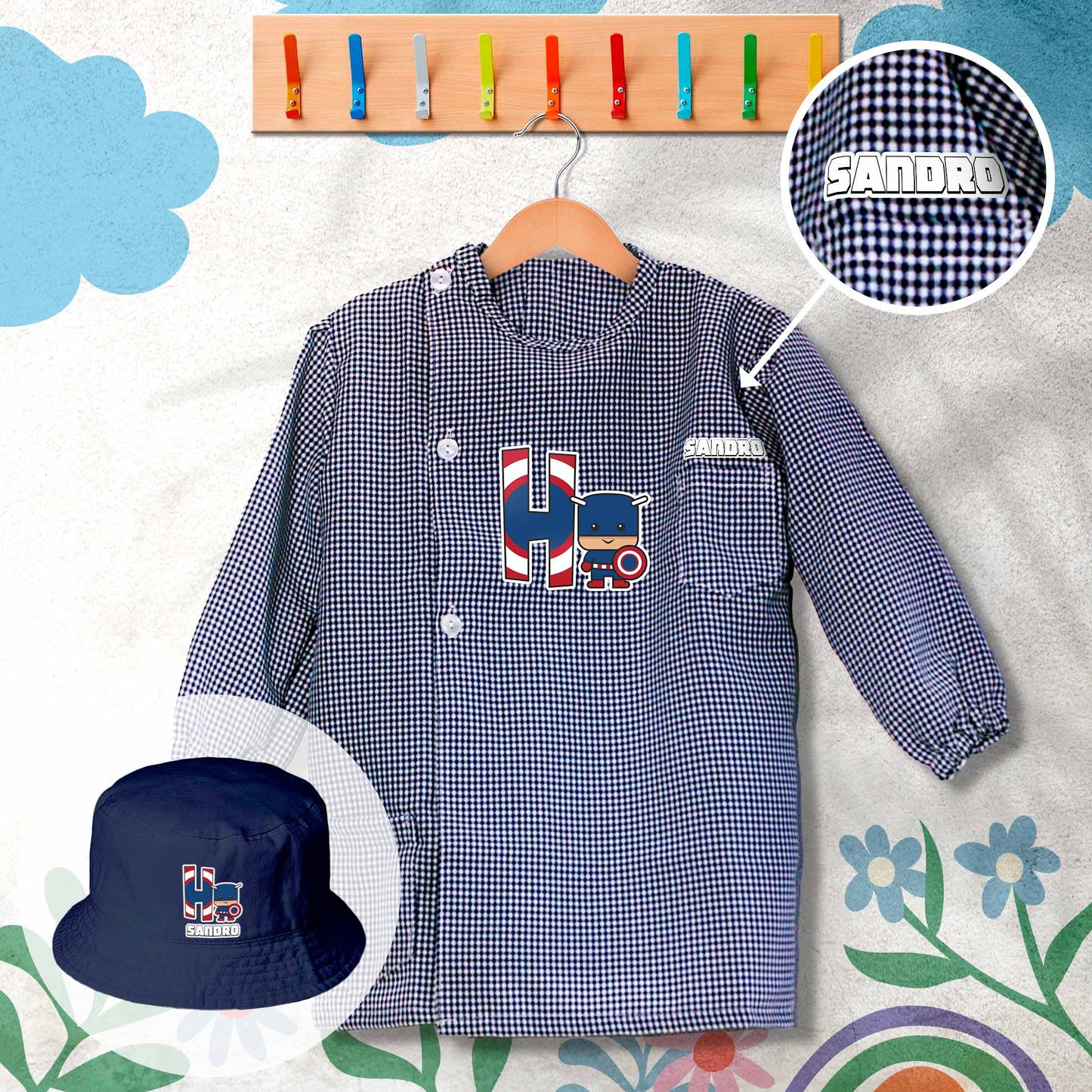 conjunto de bata escolar e panamá personalizado com nome tema super-heróis