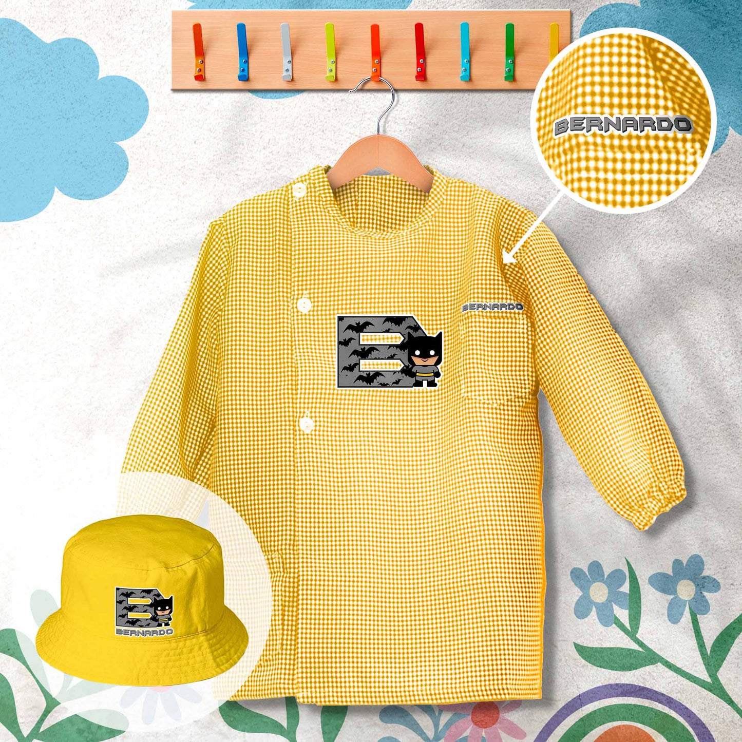 conjunto de bata escolar e panamá personalizado com nome tema super-heróis
