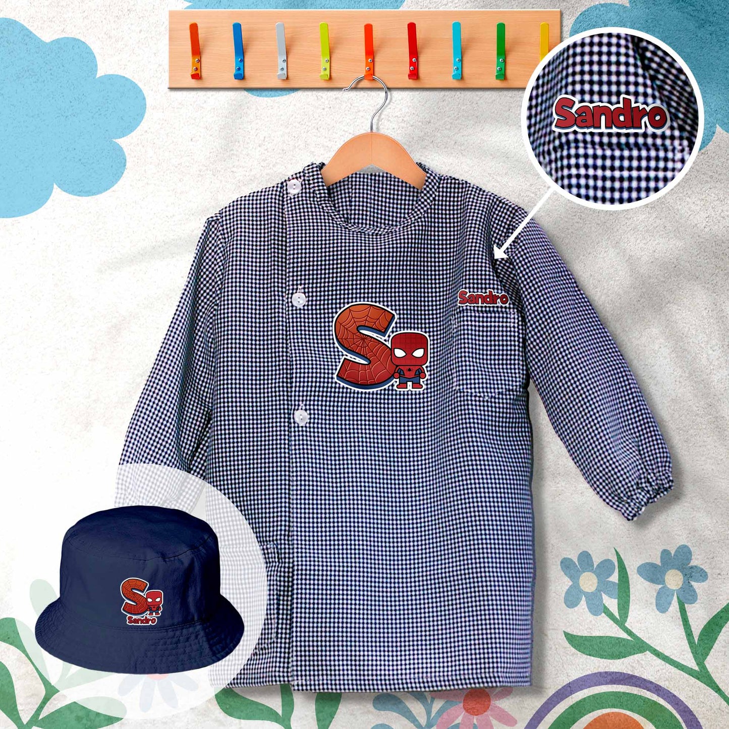 conjunto de bata escolar e panamá personalizado com nome tema super-heróis