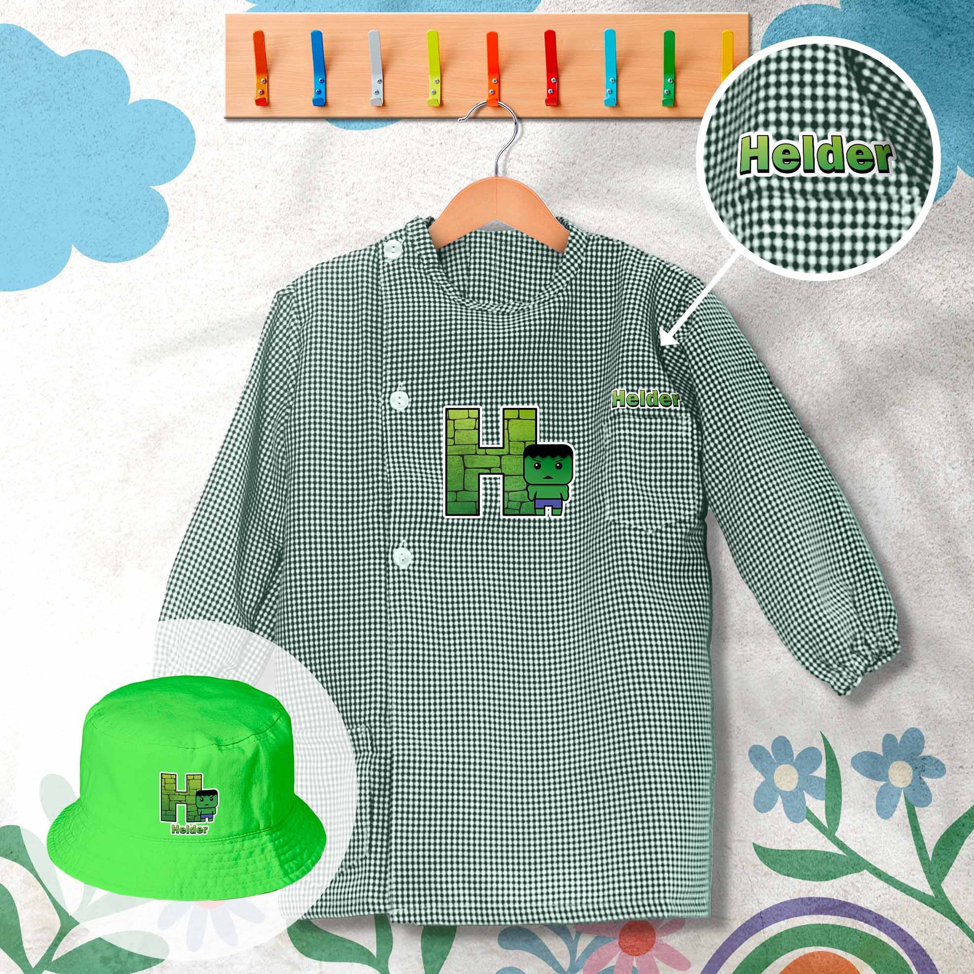 conjunto de bata escolar e panamá personalizado com nome tema super-heróis