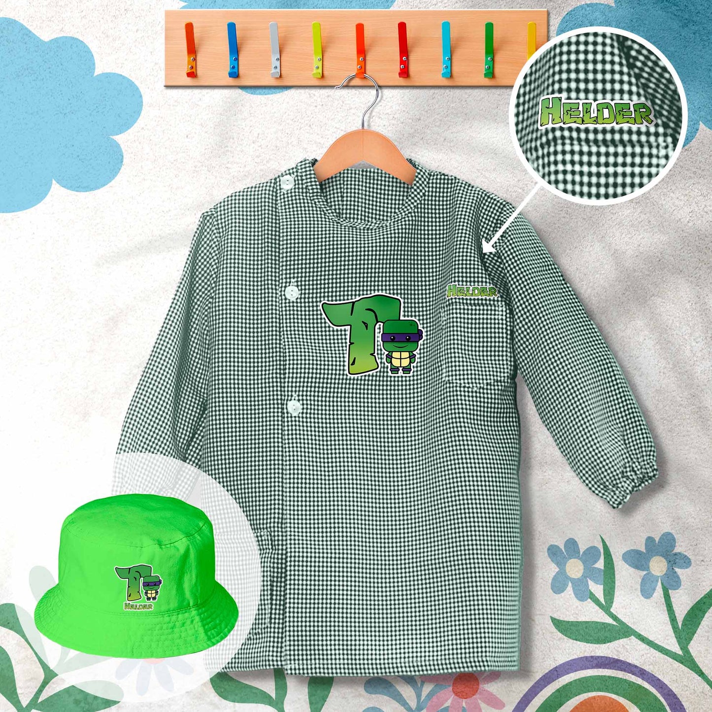 conjunto de bata escolar e panamá personalizado com nome tema super-heróis
