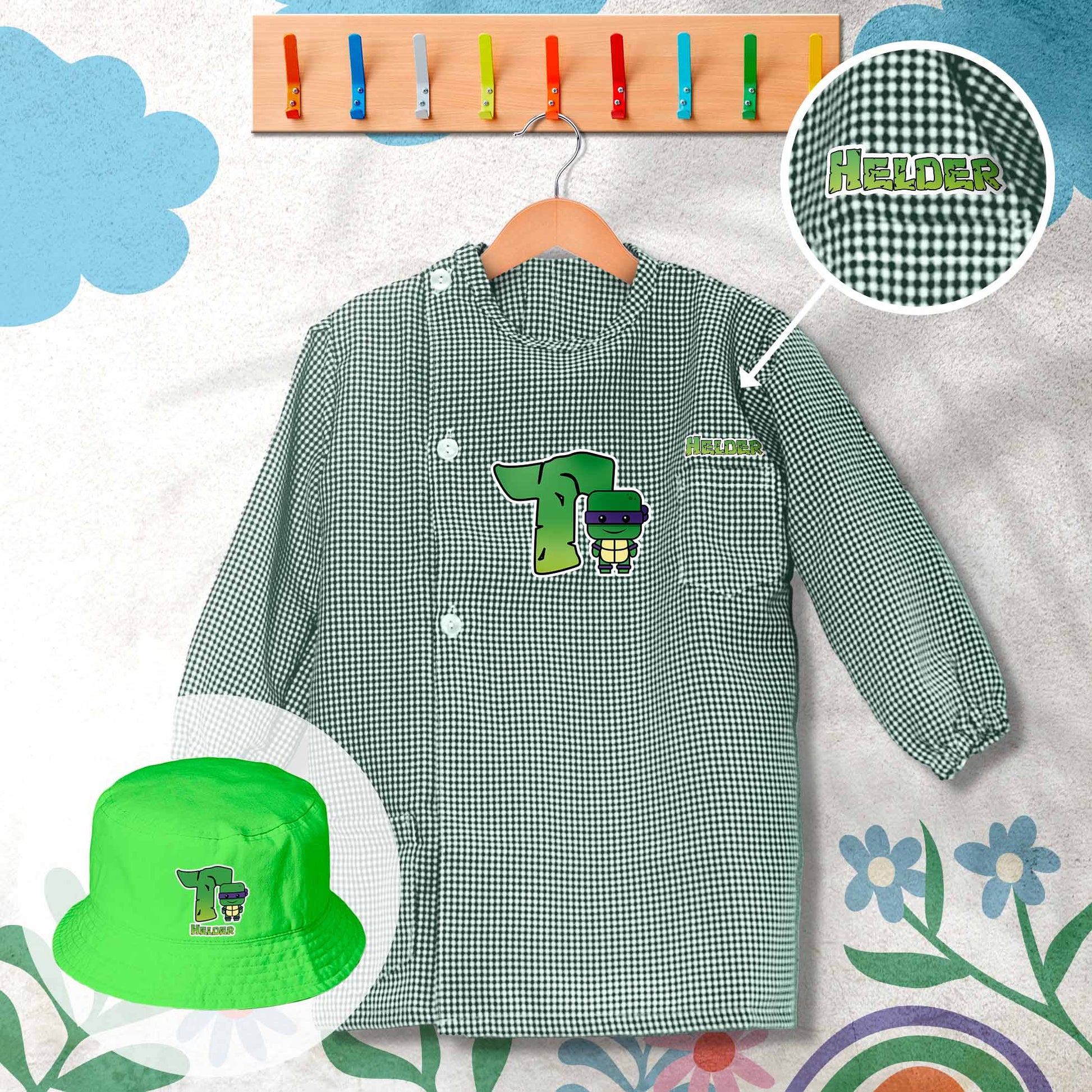 conjunto de bata escolar e panamá personalizado com nome tema super-heróis