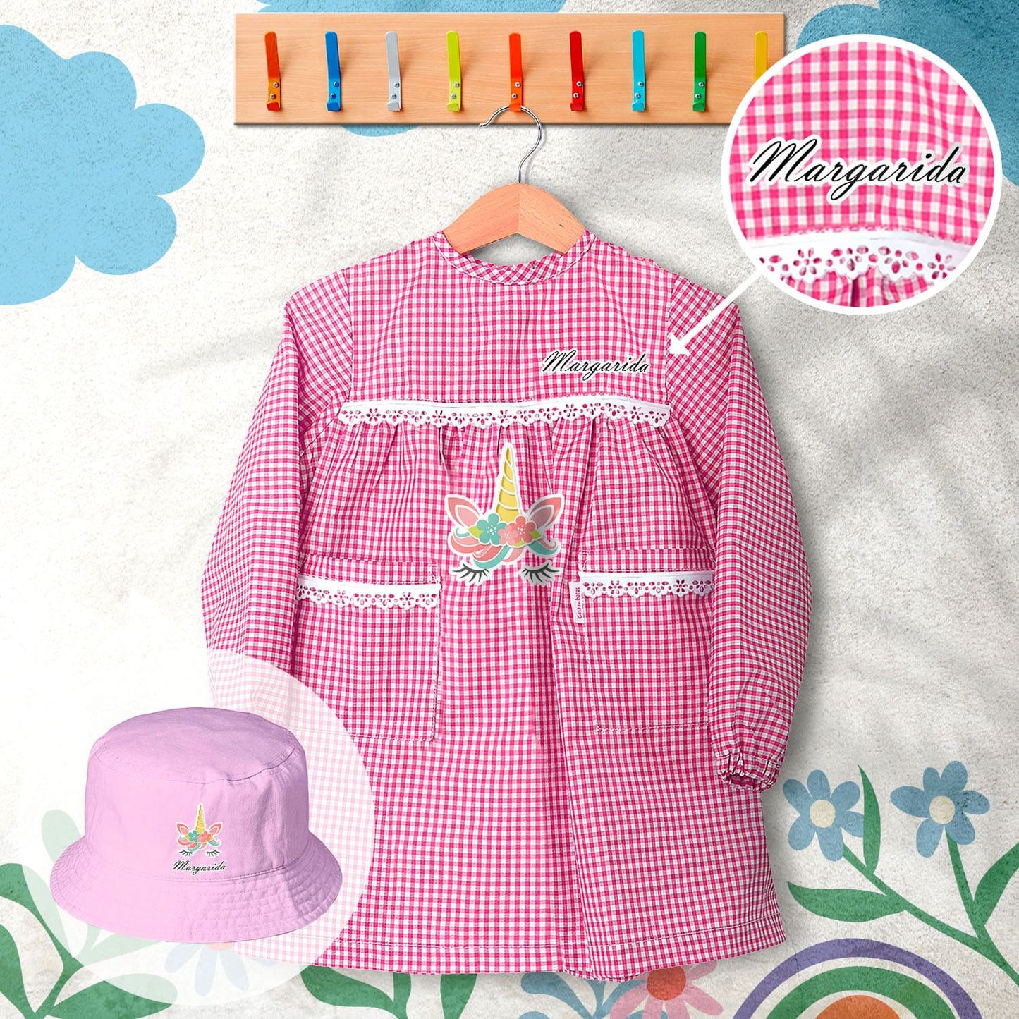 conjunto de bata escolar e panamá personalizado com nome tema unicórnio