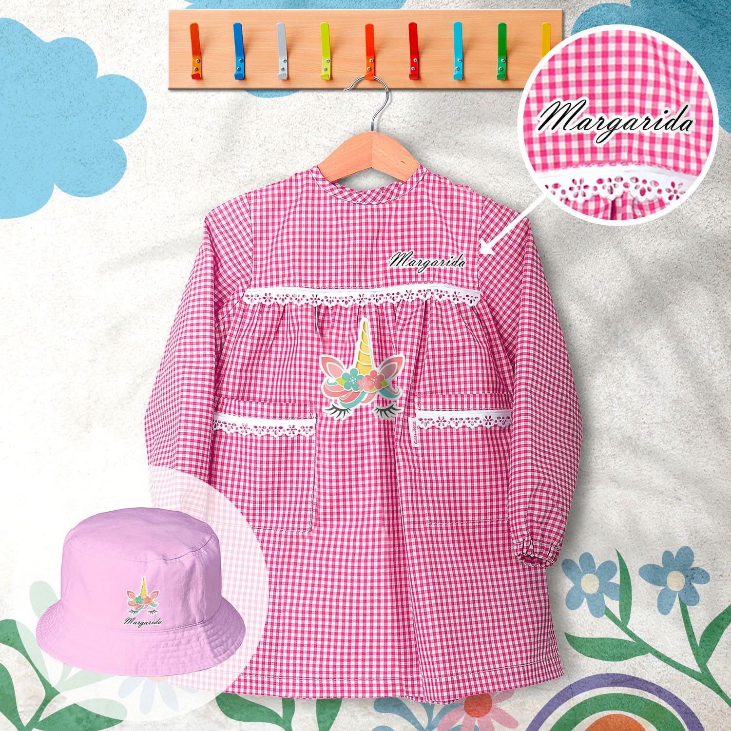 conjunto de bata escolar e panamá personalizado com nome tema unicórnio