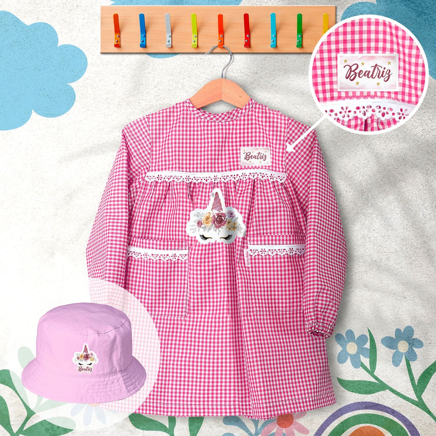 conjunto de bata escolar e panamá personalizado com nome tema unicórnio