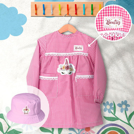 conjunto de bata escolar e panamá personalizado com nome tema unicórnio