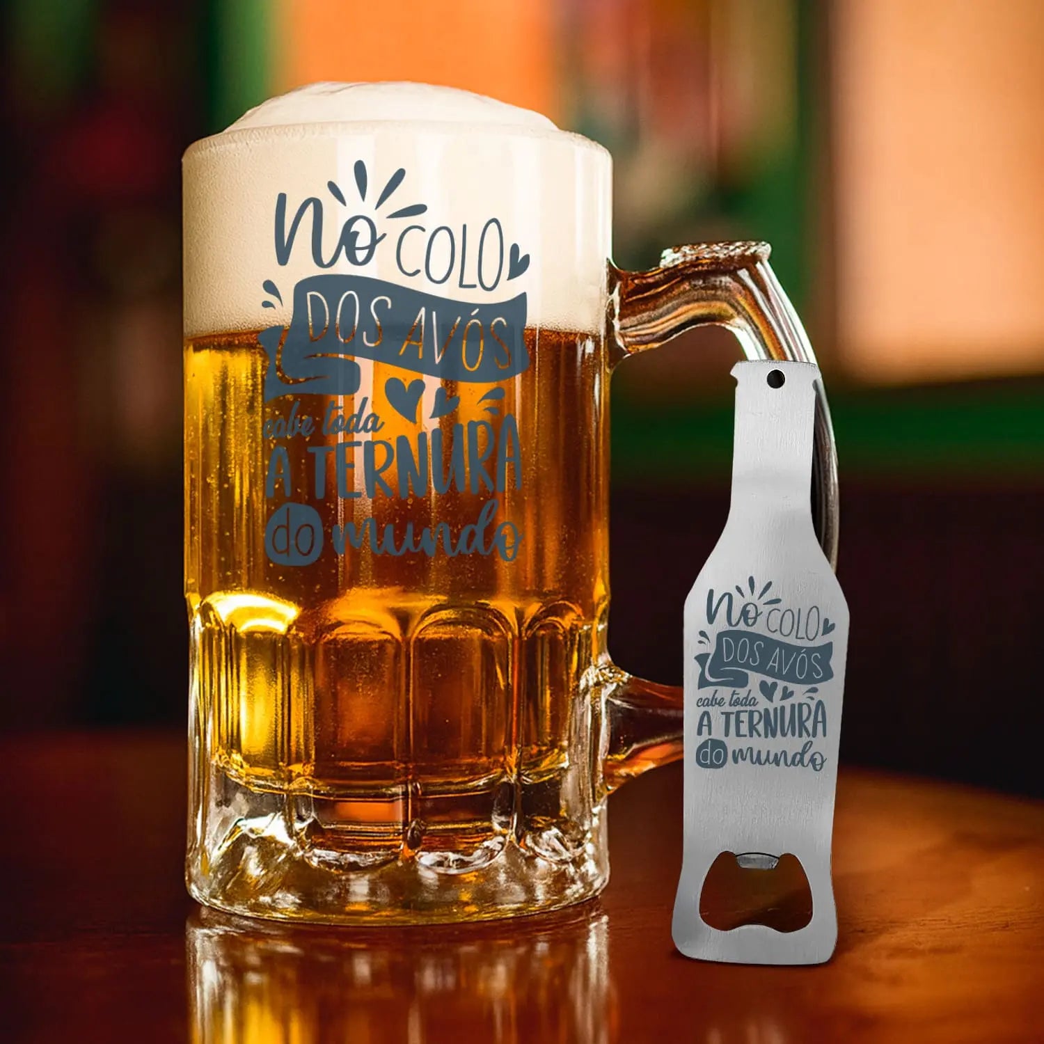 conjunto caneca para cerveja e abre-garrafas personalizado para avós com mensagem especial