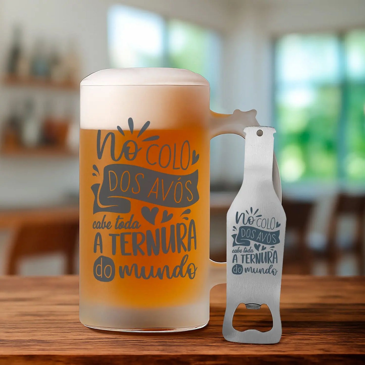 conjunto caneca para cerveja e abre-garrafas personalizado para avós com mensagem especial