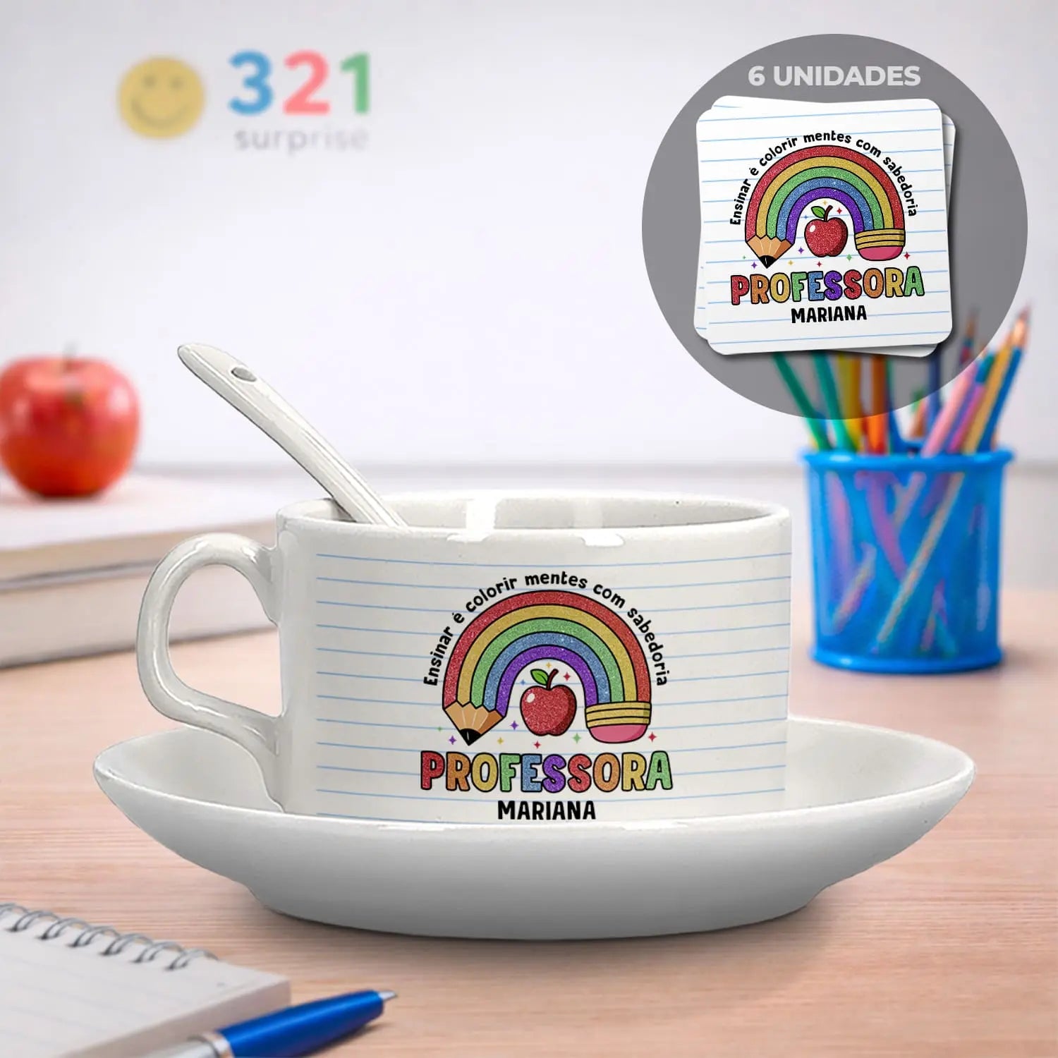 conjunto chávena e bases de copos professora personalizado com nome e frase