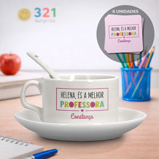 conjunto chávena e bases de copos professora personalizado com nome 