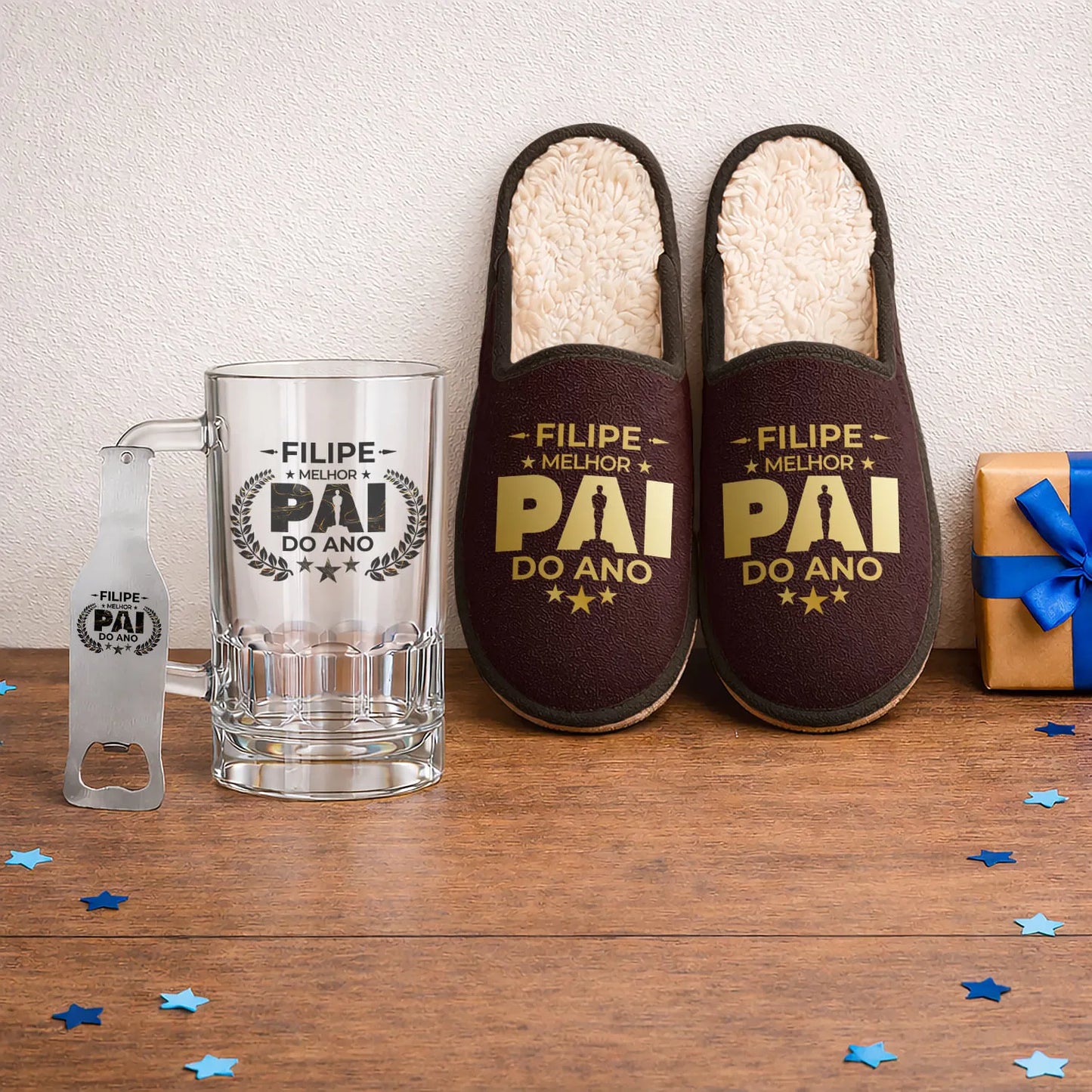 Conjunto Chinelos + Caneca para Cerveja + Abre-garrafas "Óscar: melhor pai do ano"