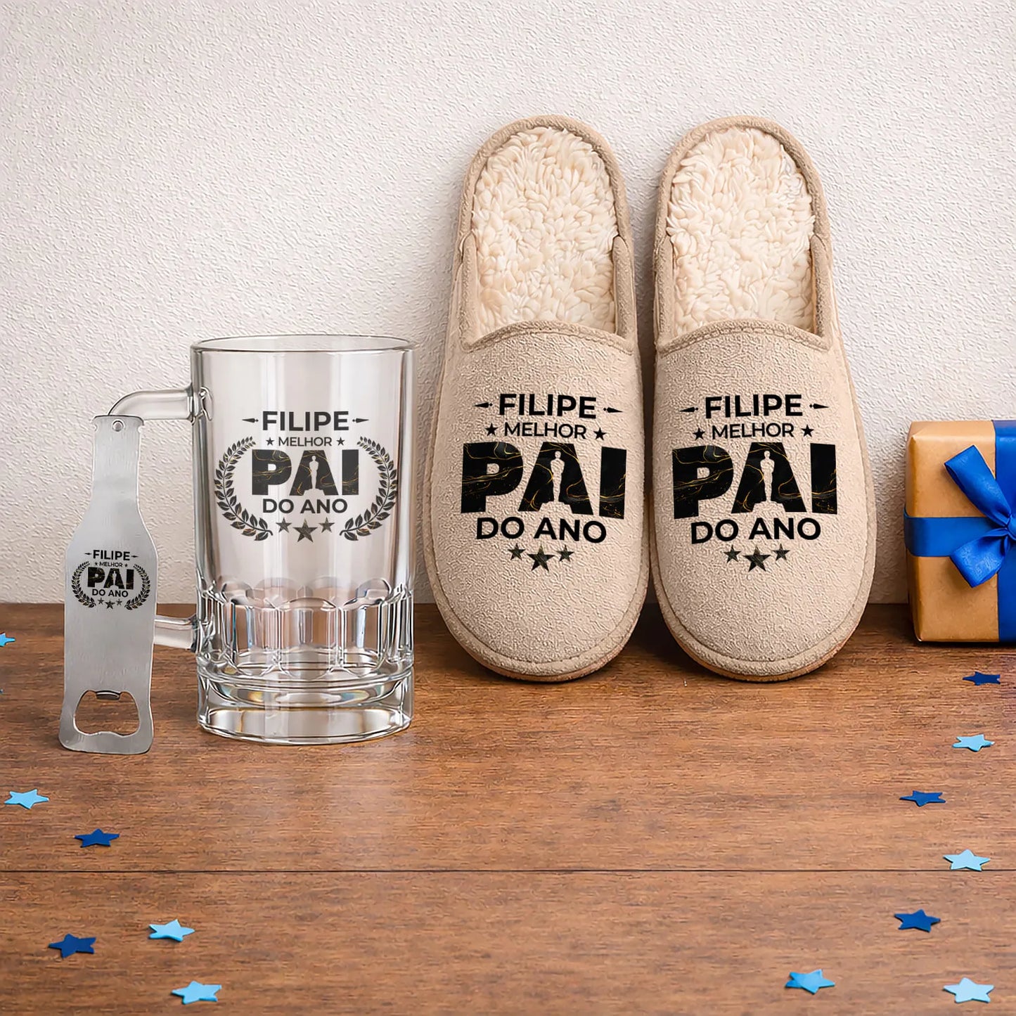 Conjunto Chinelos + Caneca para Cerveja + Abre-garrafas "Óscar: melhor pai do ano"
