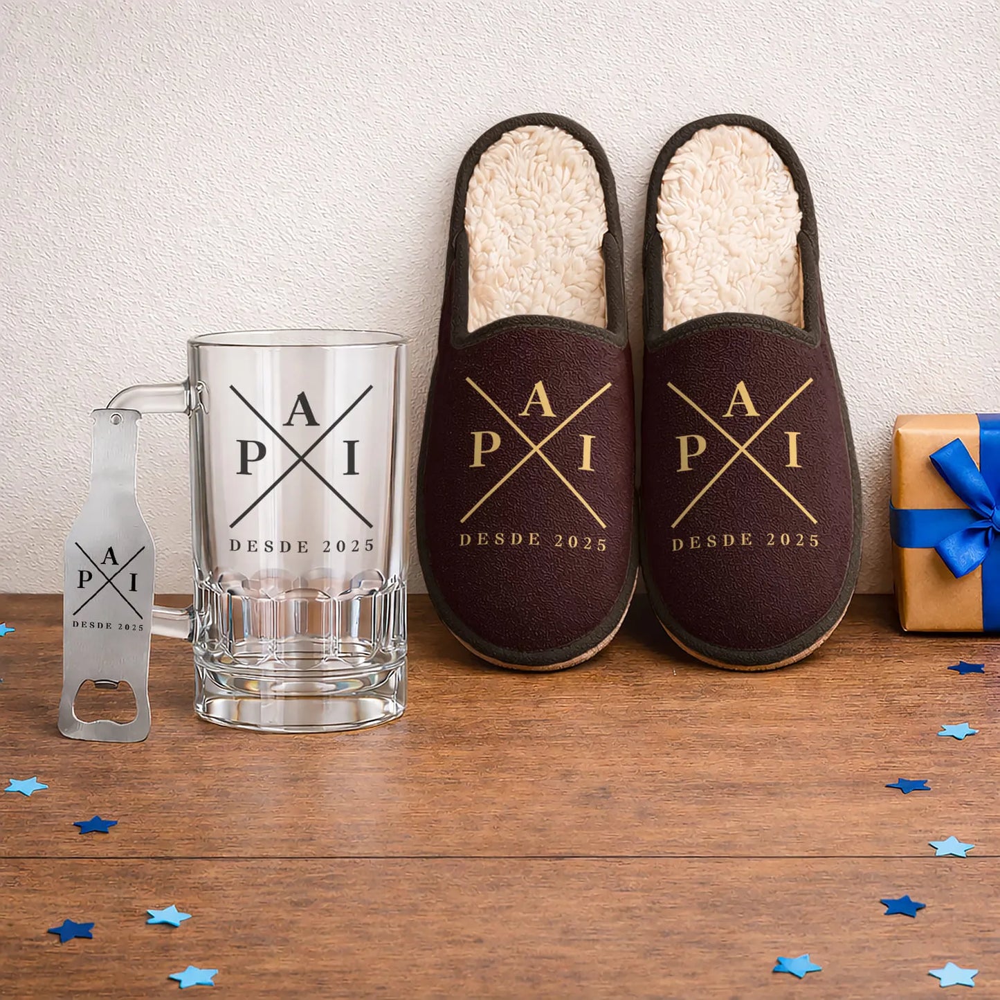 Conjunto Chinelos + Caneca para Cerveja + Abre-garrafas "P A I"