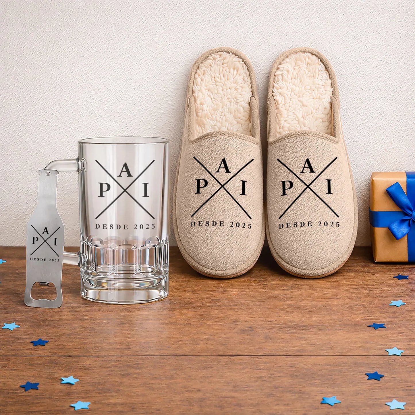 Conjunto Chinelos + Caneca para Cerveja + Abre-garrafas "P A I"