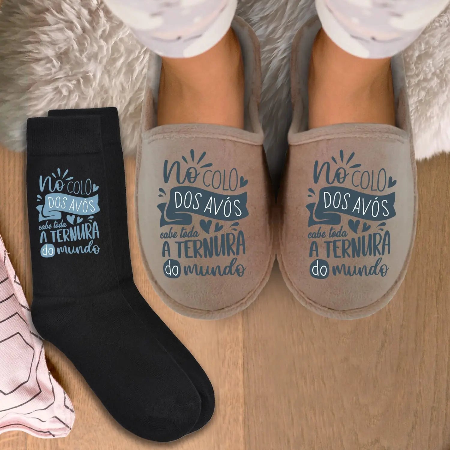 conjunto chinelos e meias personalizado para avós com mensagem especial