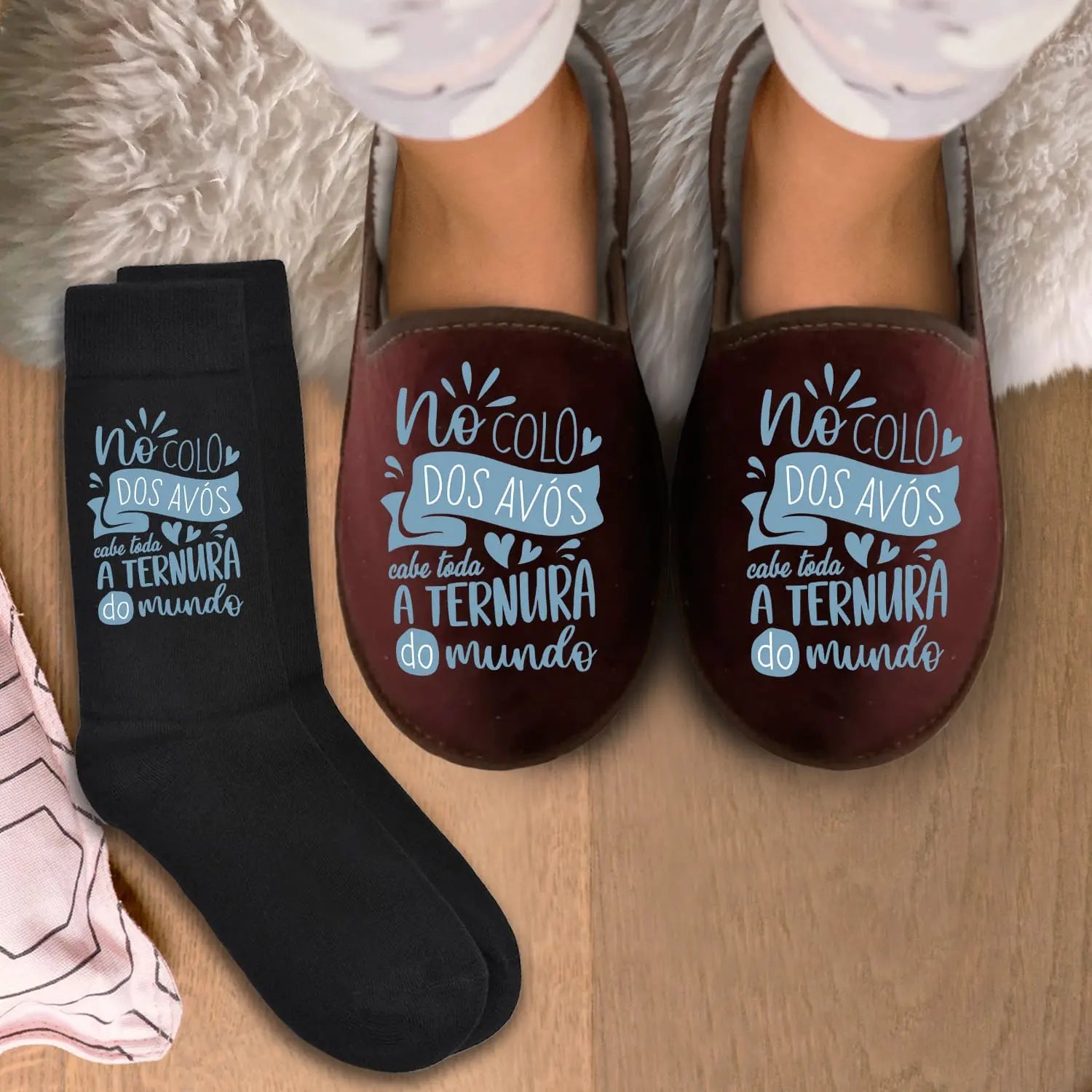 conjunto chinelos e meias personalizado para avós com mensagem especial