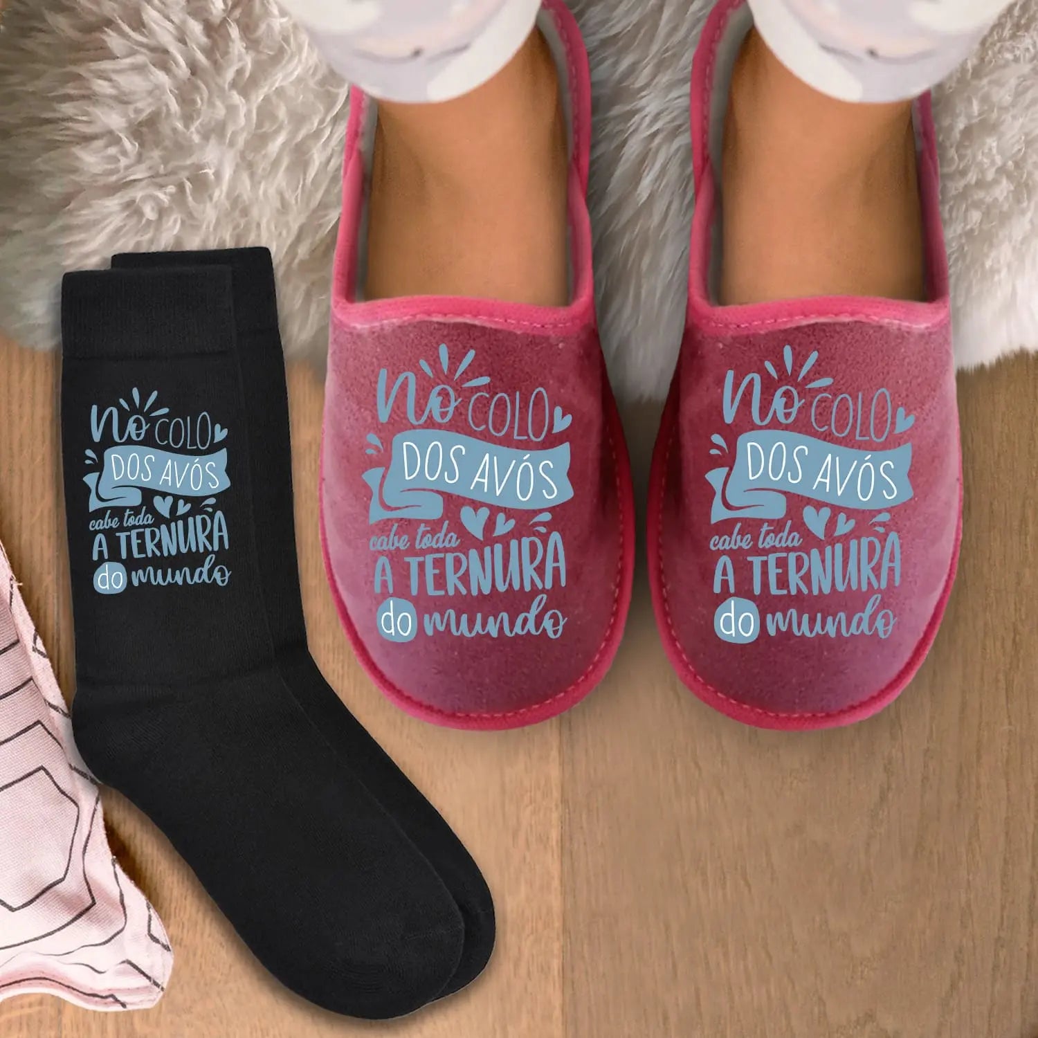 conjunto chinelos e meias personalizado para avós com mensagem especial