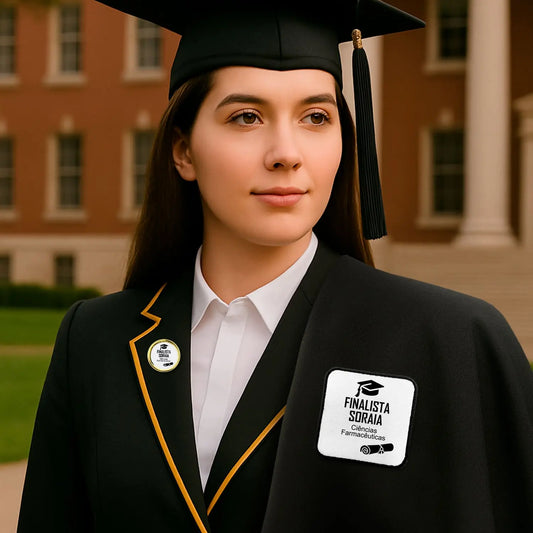 Emblema e pin personalizados para finalista com nome e curso ou ano escolar — 9.º e 12.º anos ou universidade. 