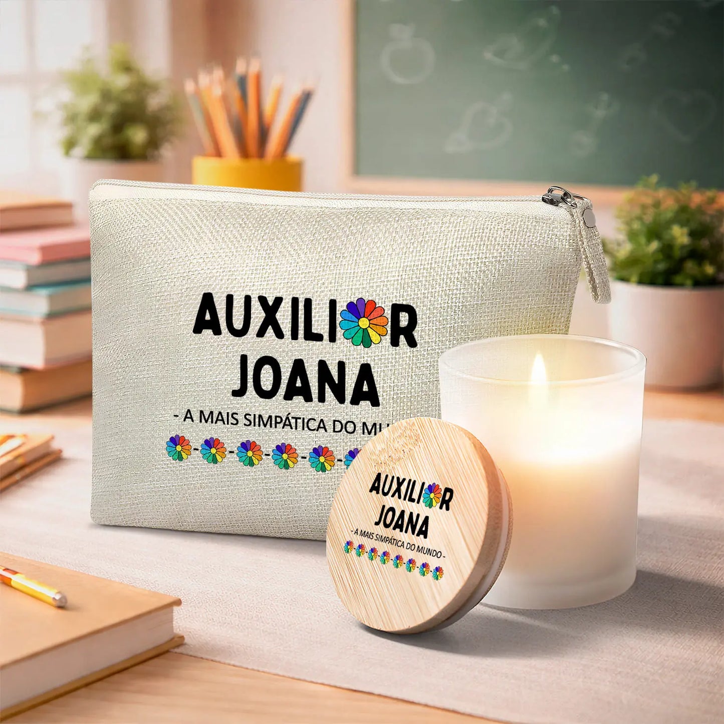 conjunto necessaire e vela auxiliar personalizado com nome e frase