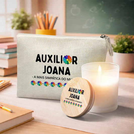 conjunto necessaire e vela auxiliar personalizado com nome e frase