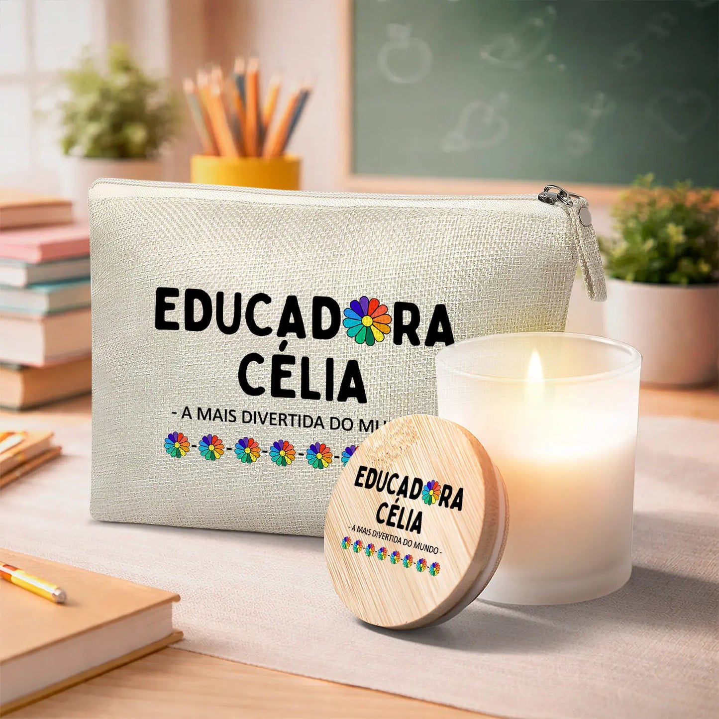 conjunto necessaire e vela educadora personalizado com nome e frase