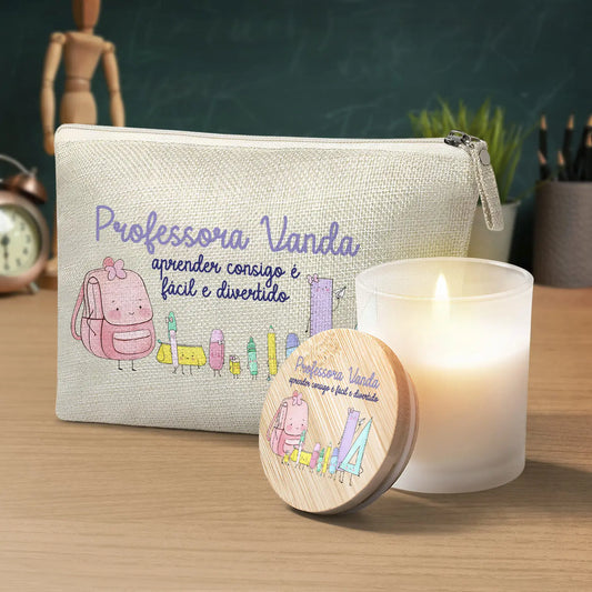 conjunto necessaire e vela professora personalizado com nome