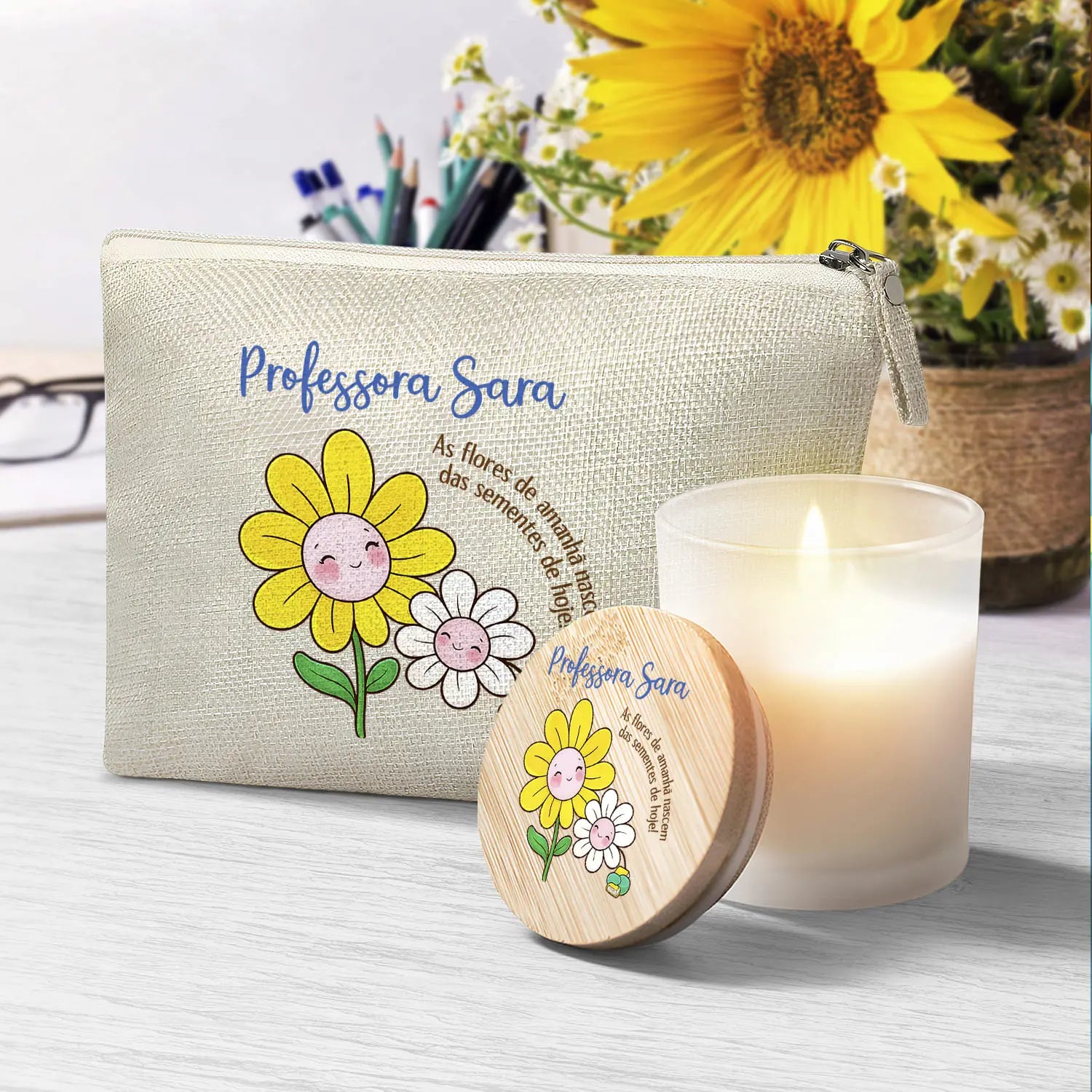 conjunto necessaire e vela professora personalizado com nome
