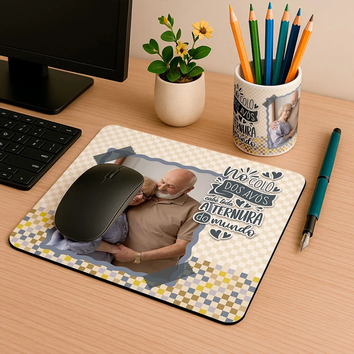 conjunto tapete de rato e porta-lápis personalizado para avós com fotografia