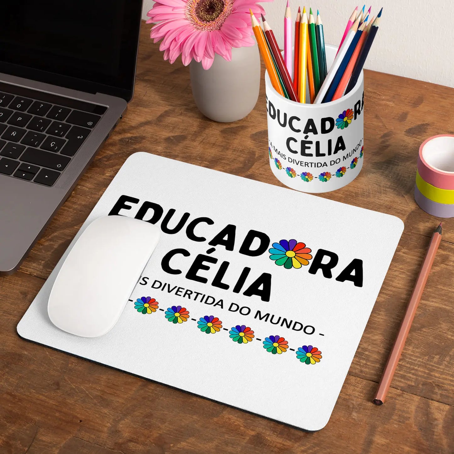conjunto tapete de rato e porta lápis educadora personalizado com nome e frase
