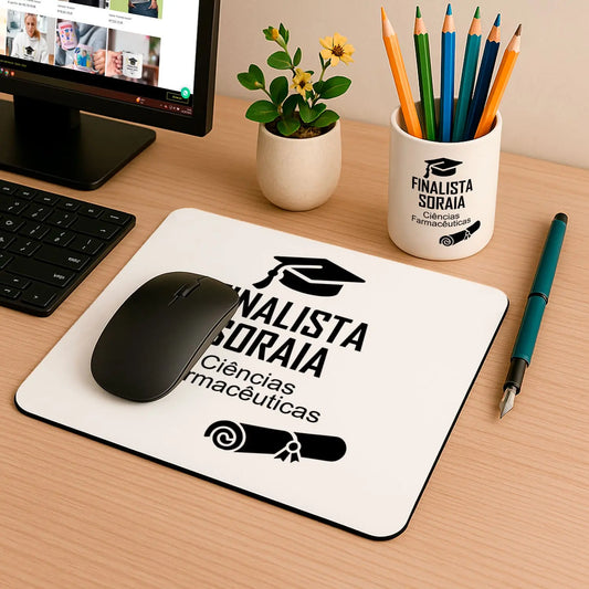 Tapete de rato e porta-lápis personalizados para finalista com nome e curso ou ano escolar — 9.º e 12.º anos ou universidade. 