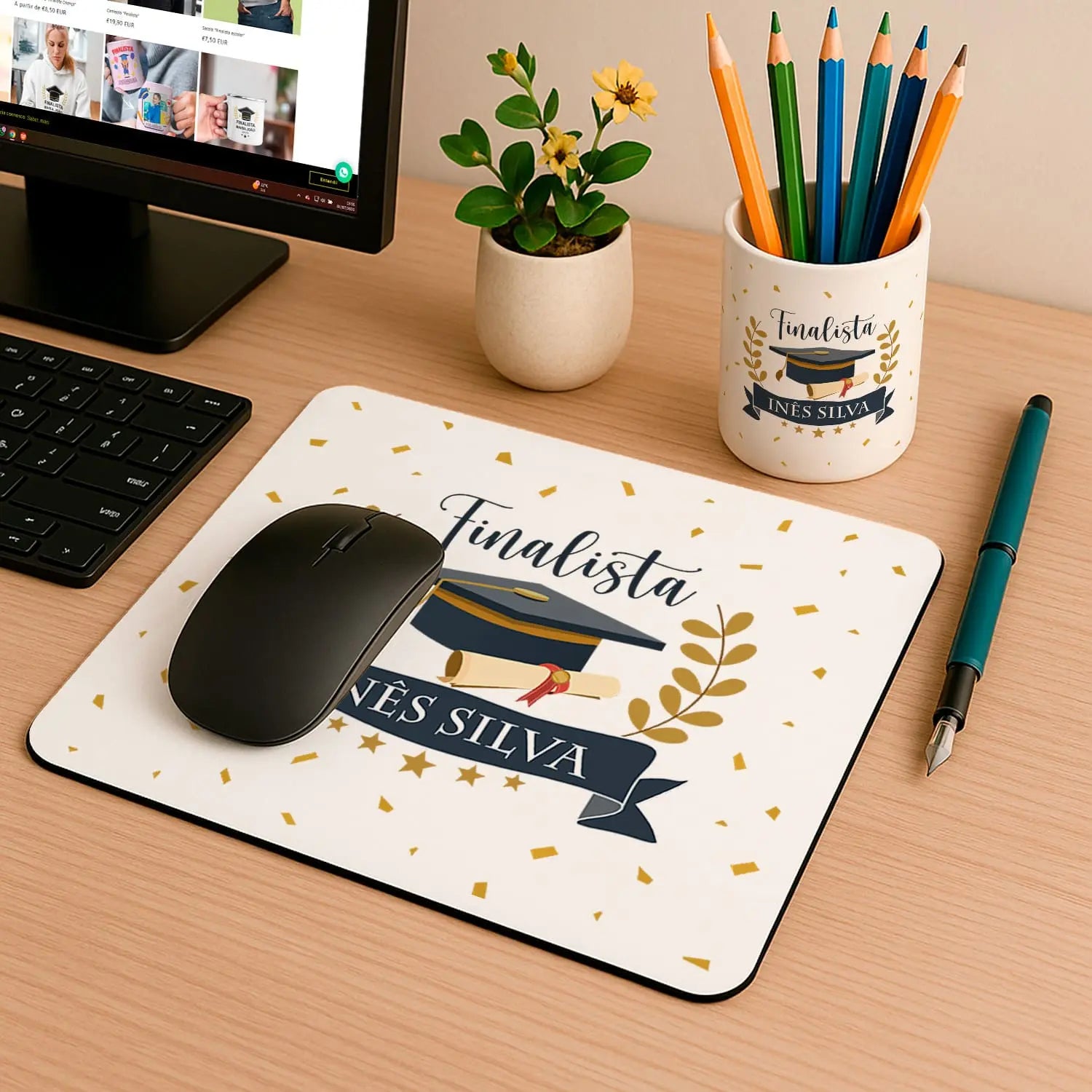 conjunto tapete de rato e porta-lápis finalista personalizado com nome