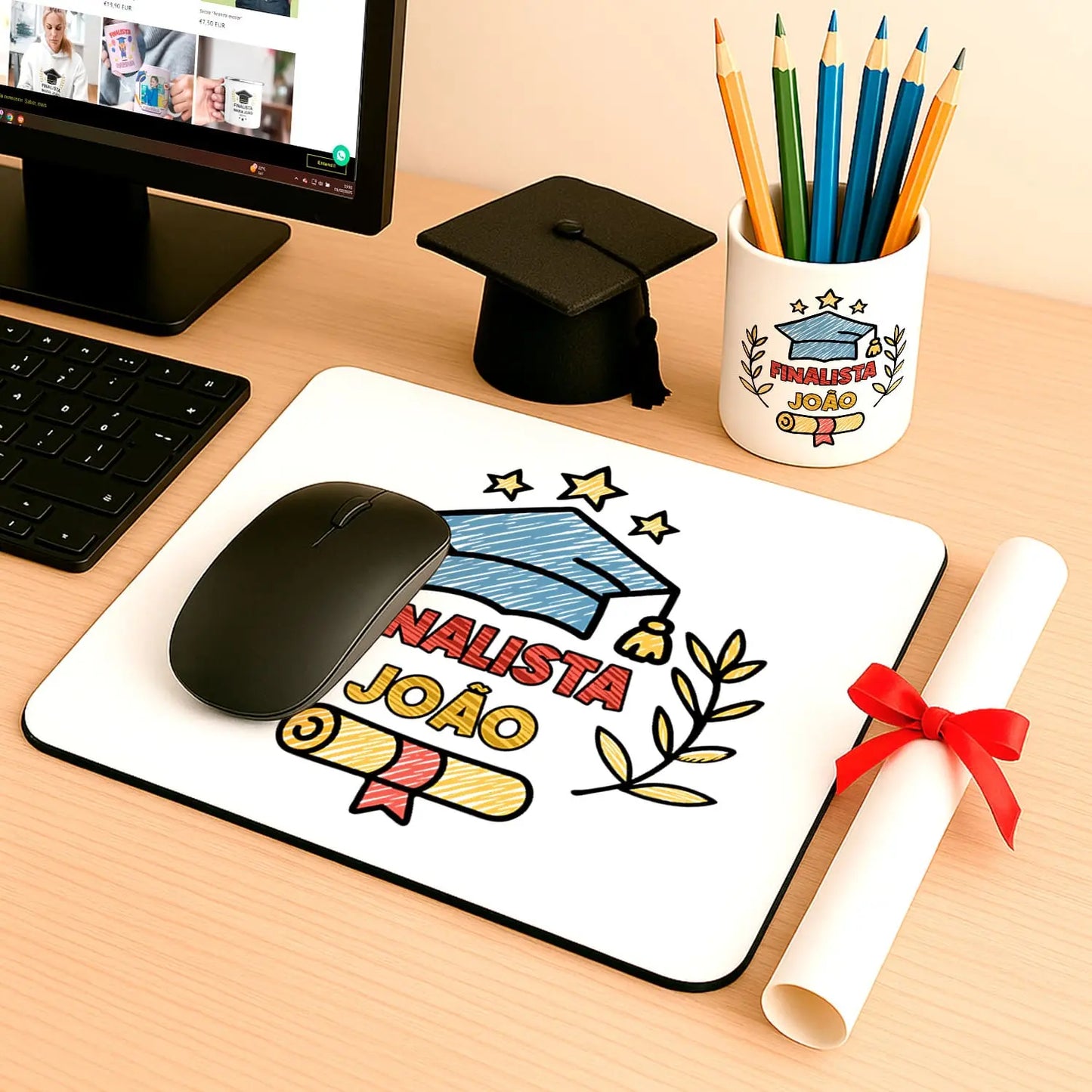 conjunto tapete de rato e porta-lápis finalista personalizado com nome