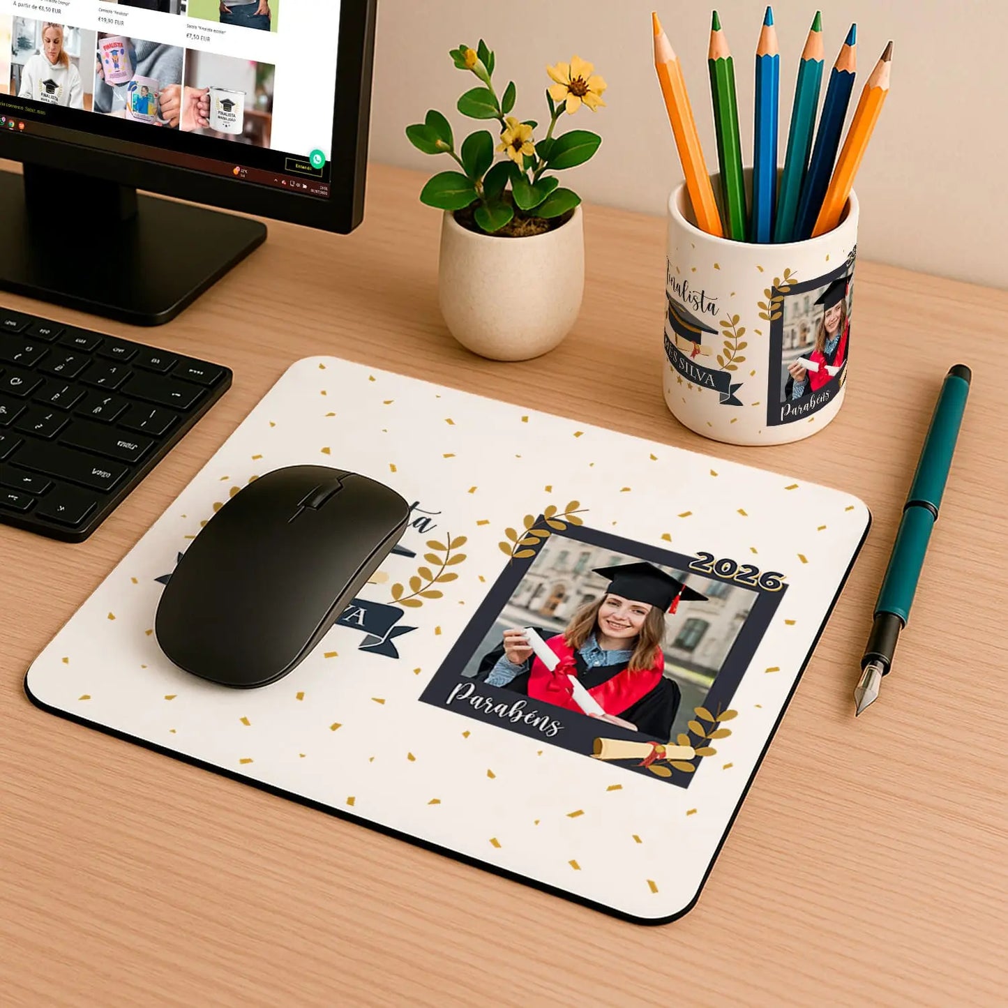 conjunto tapete de rato e porta-lápis finalista personalizado com fotografia e nome