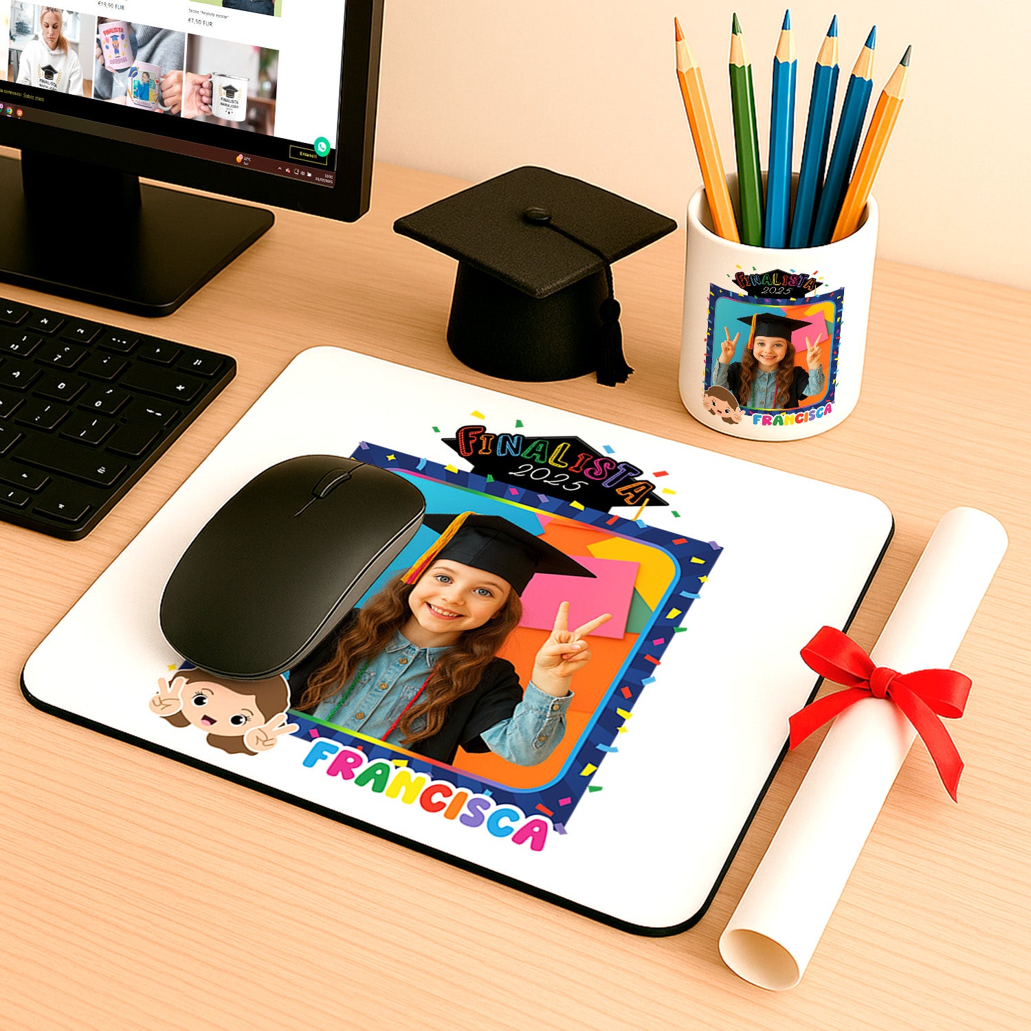 conjunto tapete de rato e porta-lápis finalista personalizado com nome, ano e fotografia