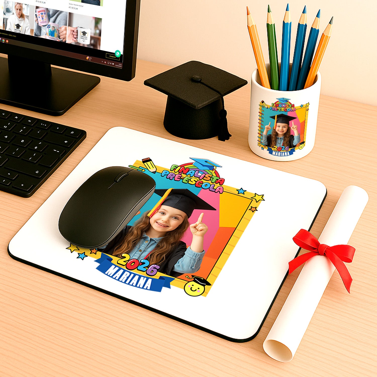 conjunto tapete de rato e porta-lápis finalista personalizado com nome, ano e fotografia