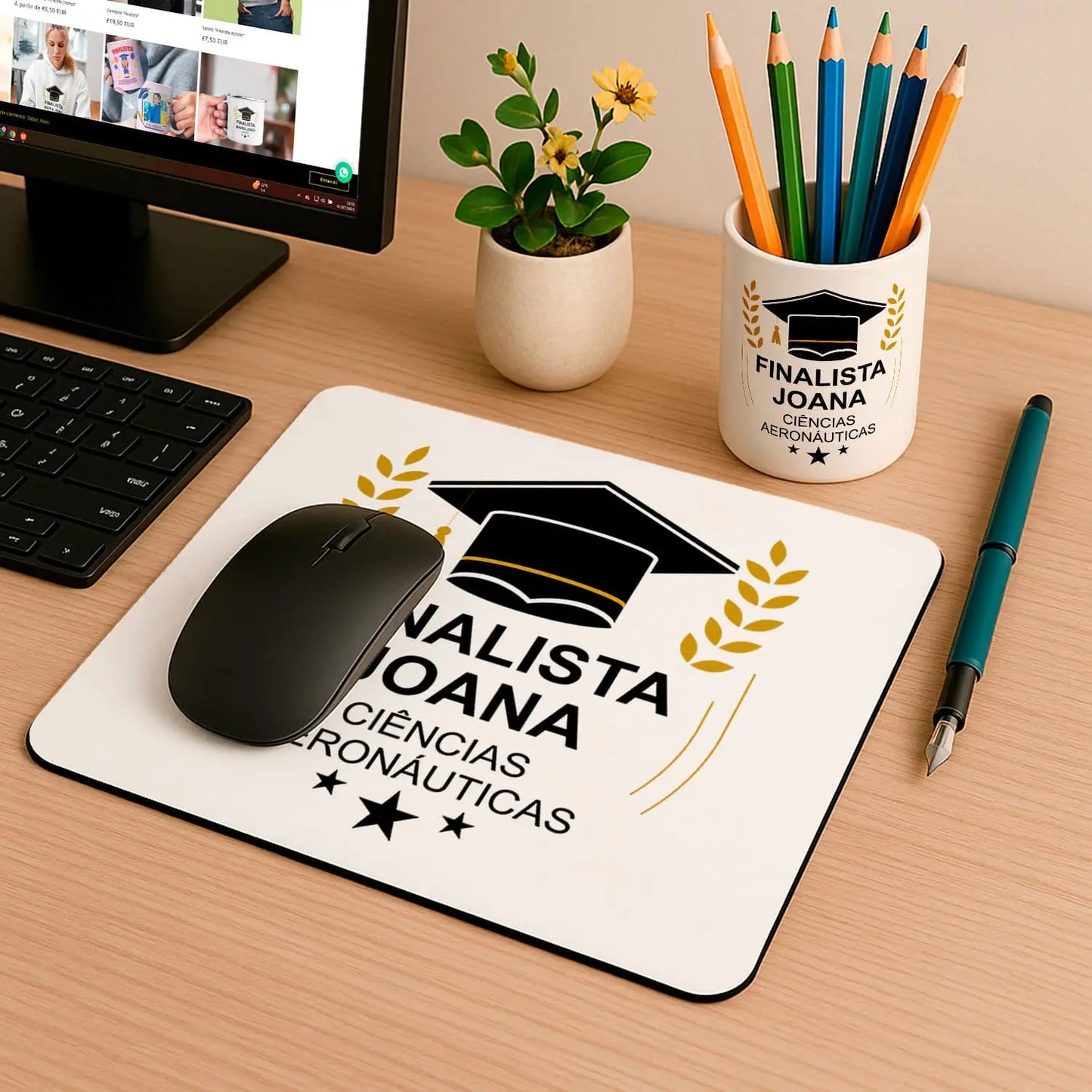 conjunto tapete de rato e porta-lápis personalizado para finalista com nome e curso ou ano escolar 