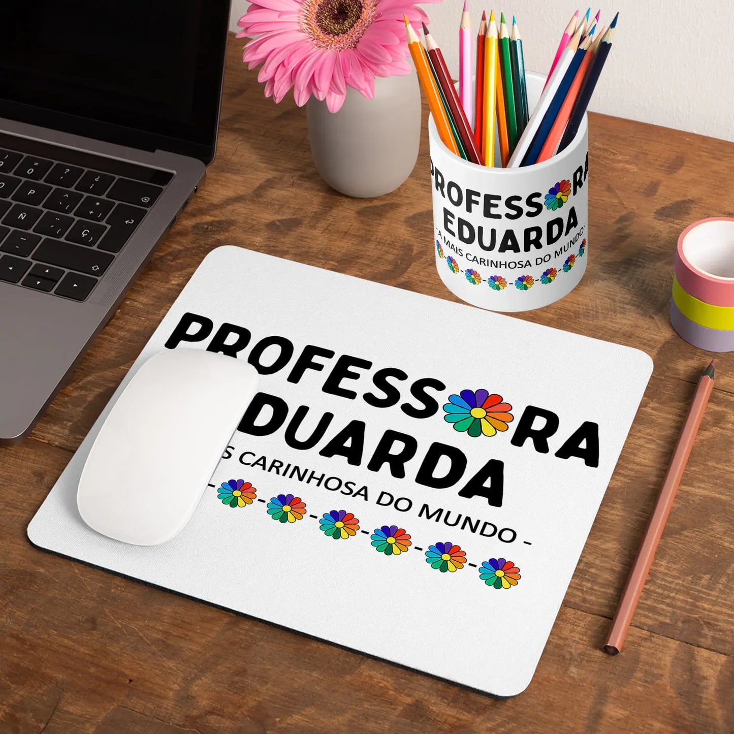 conjunto tapete de rato e porta lápis professora personalizado com nome e frase