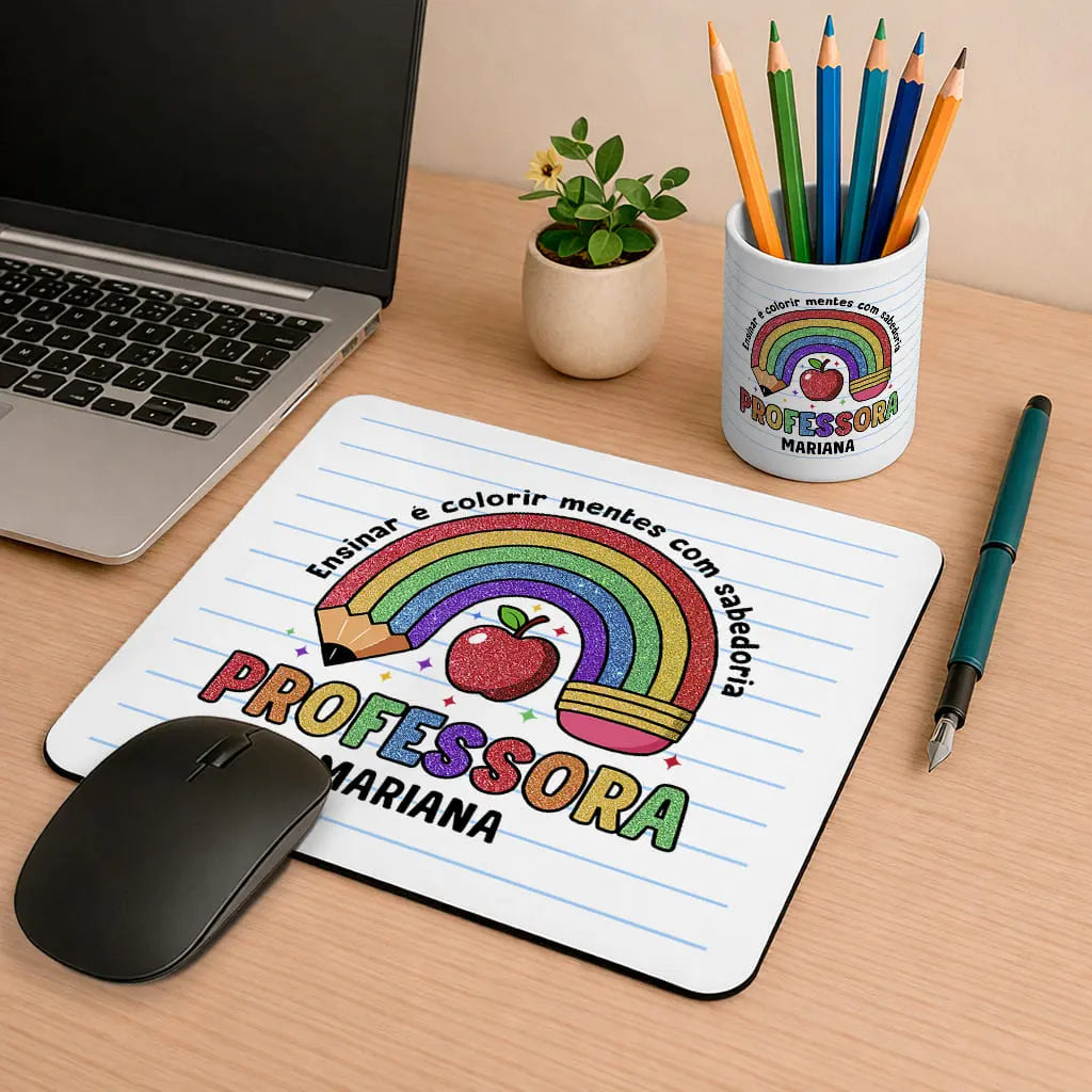 conjunto tapete de rato e porta lápis professora personalizado com nome e frase