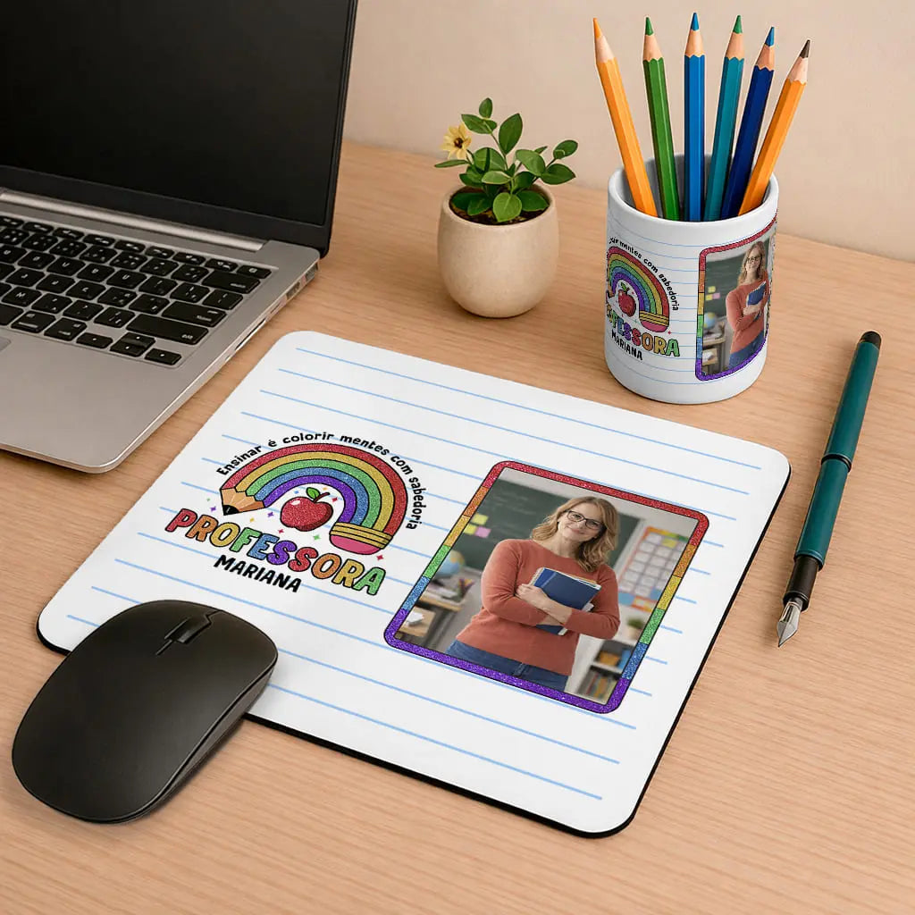 conjunto tapete de rato e porta lápis professora personalizado com nome, frase e fotografia
